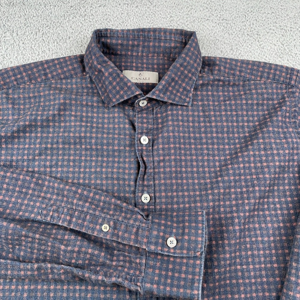 Canali Shirt Mens 2XL Blue Check Long Sleeve Button Up Made in Italy Luxury